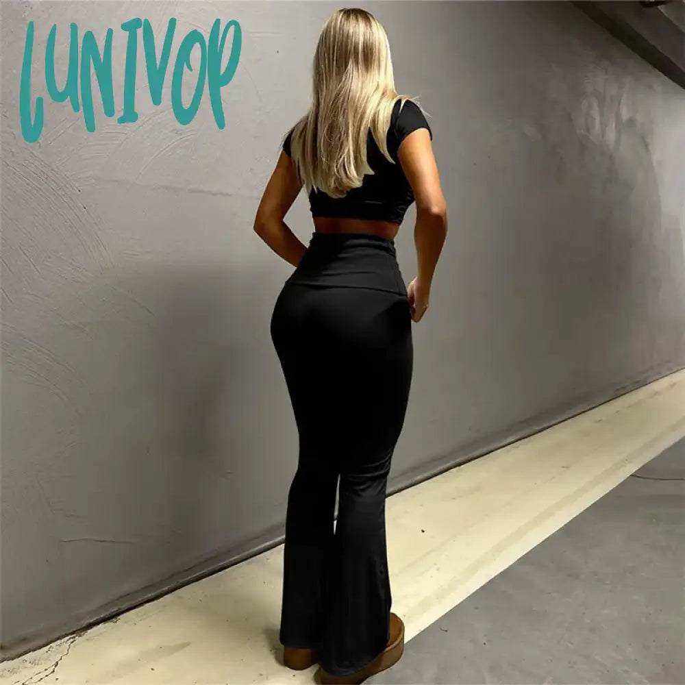 Lunivop Ribbed Two Piece Set Short Sleeve Crop Top And Flare Pants Sets Casual Spring Summer Y2K