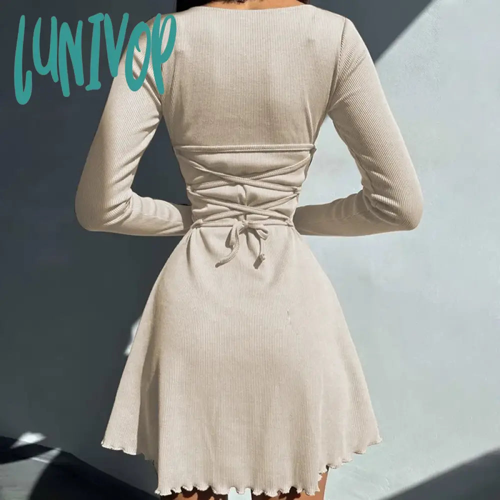 Lunivop Ribber O Neck Long Sleeve Mini A Line Dress Women Autumn Winter Skinny Casual Short Dresses