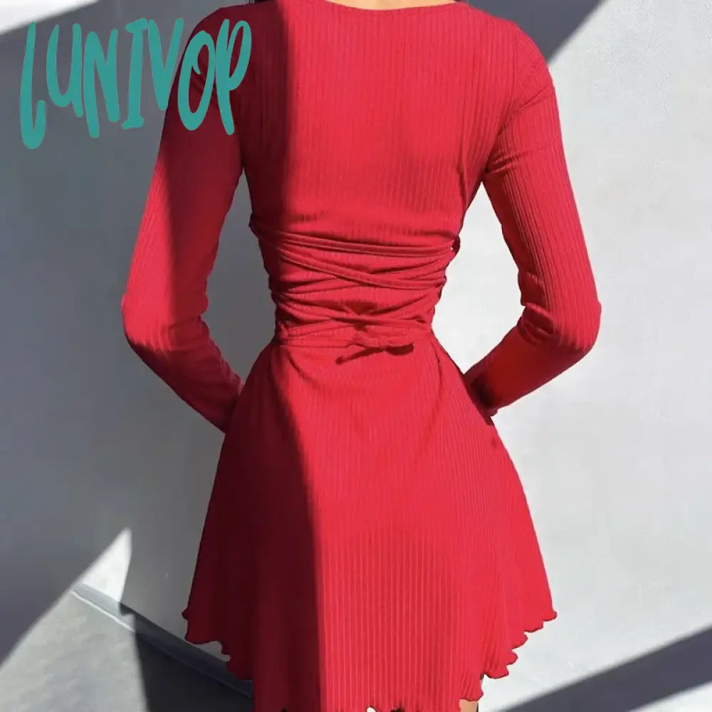 Lunivop Ribber O Neck Long Sleeve Mini A Line Dress Women Autumn Winter Skinny Casual Short Dresses