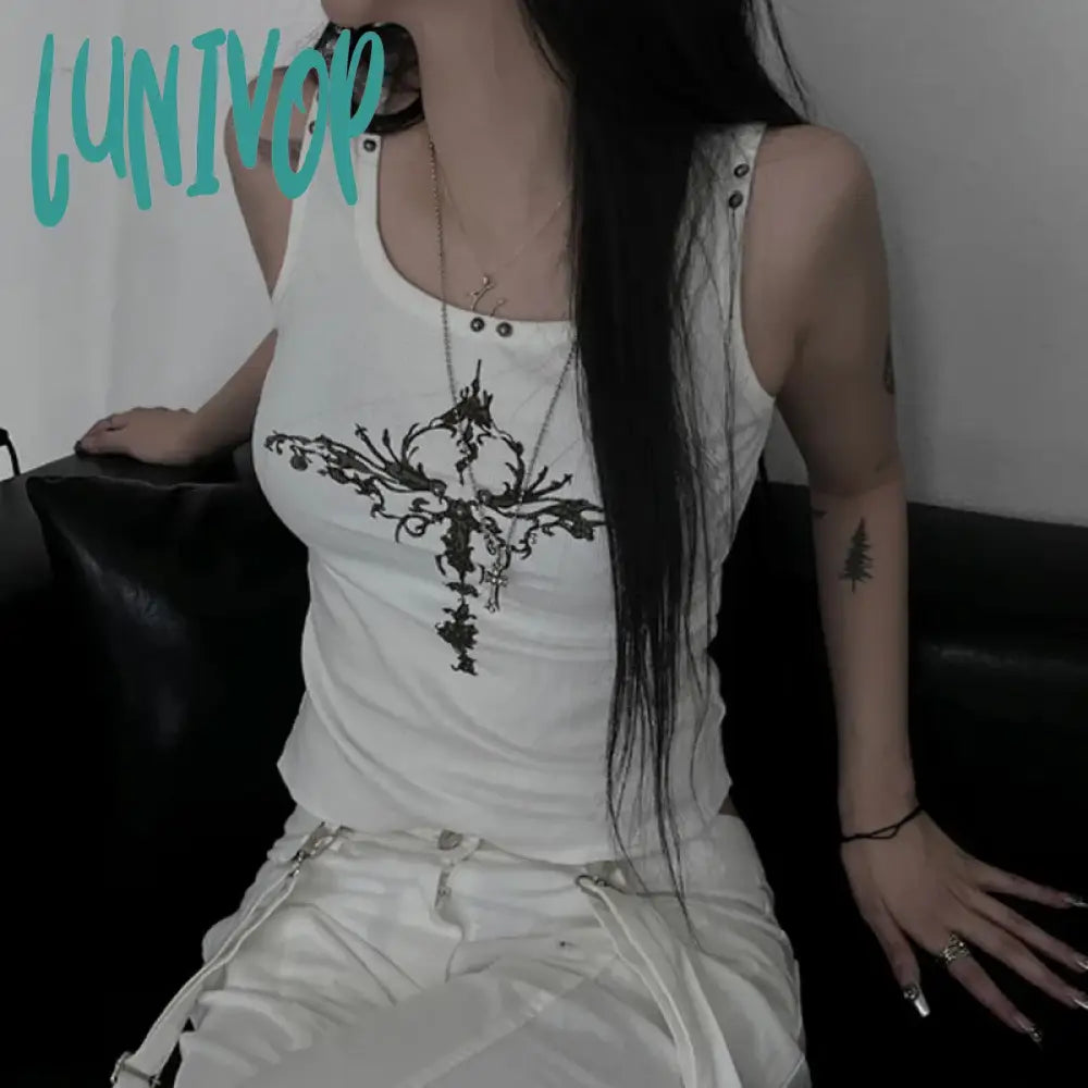 Lunivop Rivet Gothic Print Graphic Tank Top Street Wear Grunge Y2K Clothes White Ribbed Sleeveless