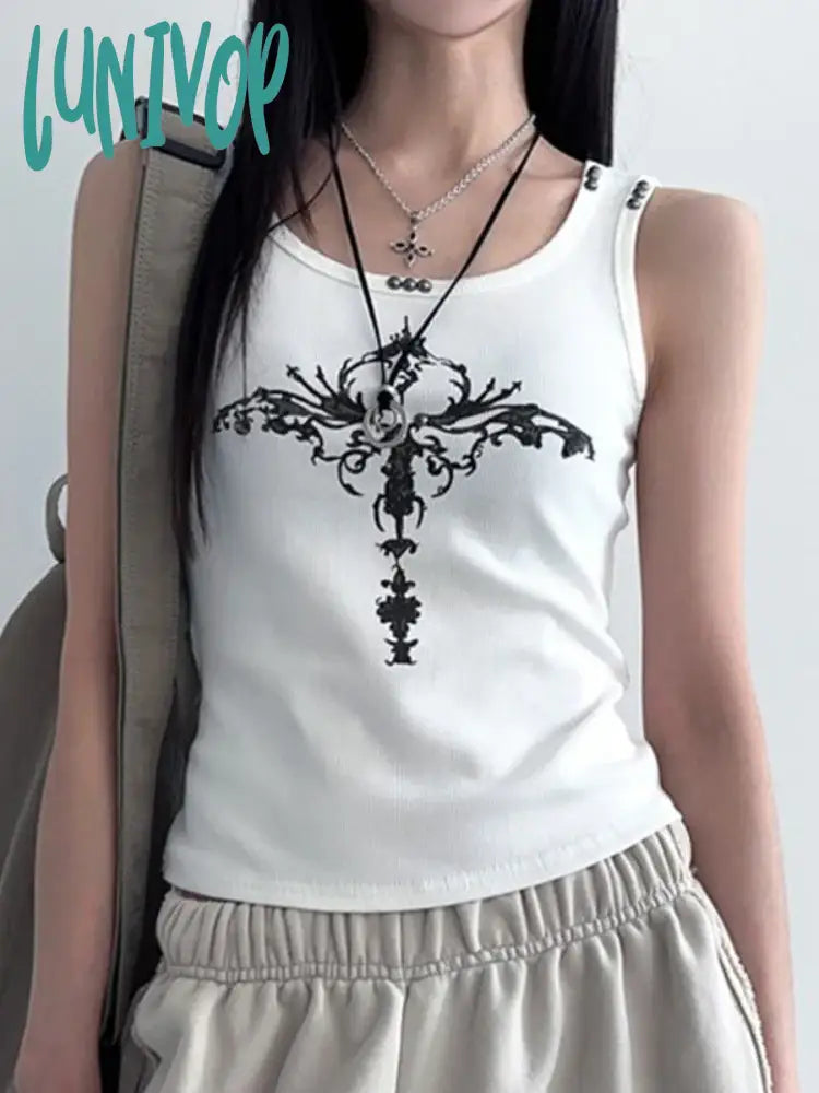 Lunivop Rivet Gothic Print Graphic Tank Top Street Wear Grunge Y2K Clothes White Ribbed Sleeveless