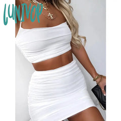 Lunivop Ruched White Backless Dress Two Piece Set Rave Festival Outfit Women Spaghetti Strap Crop