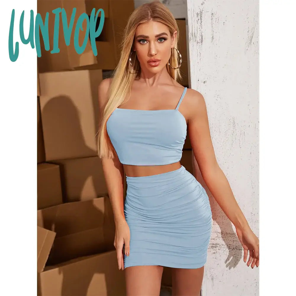 Lunivop Ruched White Backless Dress Two Piece Set Rave Festival Outfit Women Spaghetti Strap Crop