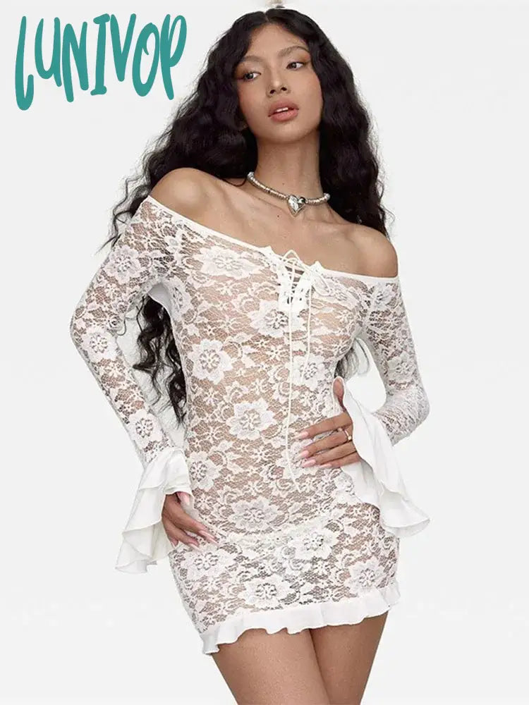 Lunivop Ruffle Lace Dress For Women Off Shoulder Bandage See Through Mini Dresses Girls Summer