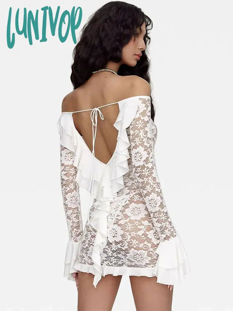 Lunivop Ruffle Lace Dress For Women Off Shoulder Bandage See Through Mini Dresses Girls Summer