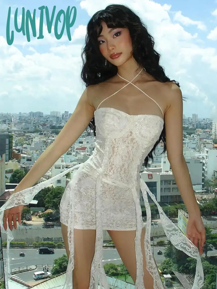 Lunivop Ruffle Lace Dress Sets Women Sexy Shoulder Slim Crop Top Ladies Beach Sundress Bodycon