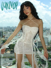 Lunivop Ruffle Lace Dress Sets Women Sexy Shoulder Slim Crop Top Ladies Beach Sundress Bodycon