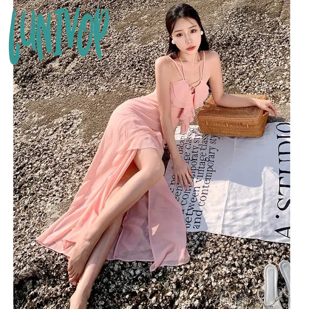 Lunivop Ruffled Summer Women’s Fairycore Evening Dresses Dance Party Lace Up Clothing Pink V-Neck