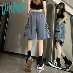 Lunivop S-3Xl Streetwear Cargo Shorts Women Harajuku Oversized Wide Leg Korean Fashion High Waist