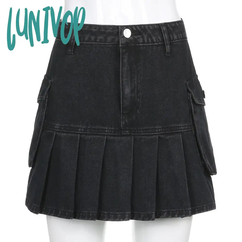 Lunivop S-4Xl Y2K Cargo Denim Skirts Women Pleated A Line Jeans Mini Skirt Vintage Harajuku