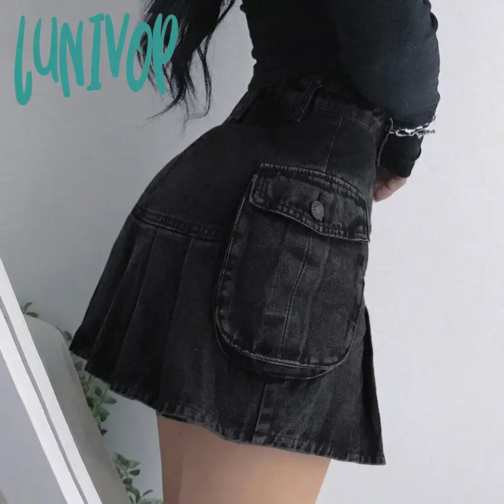 Lunivop S-4Xl Y2K Cargo Denim Skirts Women Pleated A Line Jeans Mini Skirt Vintage Harajuku