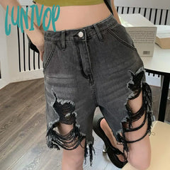 Lunivop S-5Xl Denim Shorts Women High Waist Hole Jeans Summer Streetwear Korean Vintage Distressed