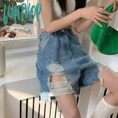 Lunivop S-5Xl Denim Shorts Women High Waist Hole Jeans Summer Streetwear Korean Vintage Distressed