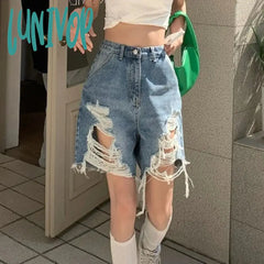 Lunivop S-5Xl Denim Shorts Women High Waist Hole Jeans Summer Streetwear Korean Vintage Distressed