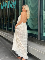 Lunivop See Through Halter Neck Beach Maxi Dress For Women Sexy Backless Mesh Splice Lace Up Loose