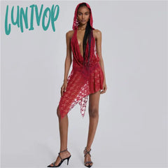 Lunivop See Through Lace Mesh Red 2 Piece Sets Hooded Backless Halter Top And Pants Y2K Sexy Night