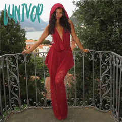 Lunivop See Through Lace Mesh Red 2 Piece Sets Hooded Backless Halter Top And Pants Y2K Sexy Night