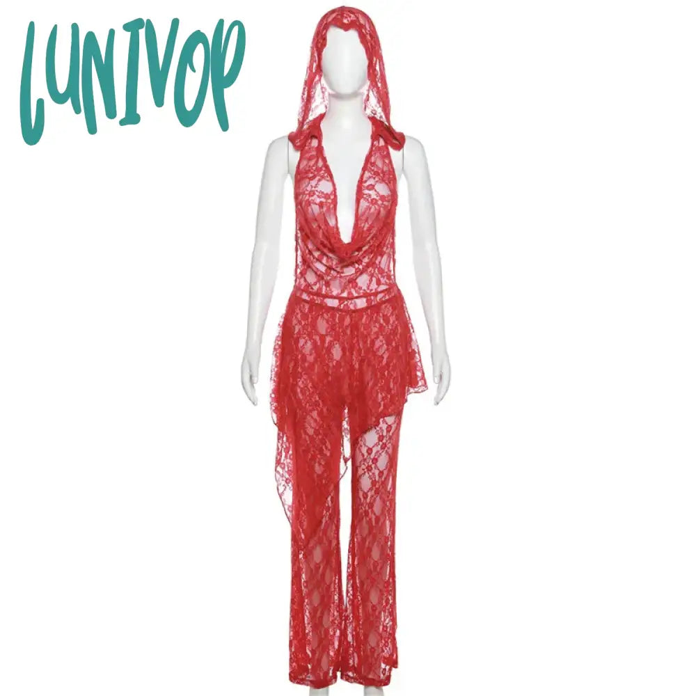 Lunivop See Through Lace Mesh Red 2 Piece Sets Hooded Backless Halter Top And Pants Y2K Sexy Night