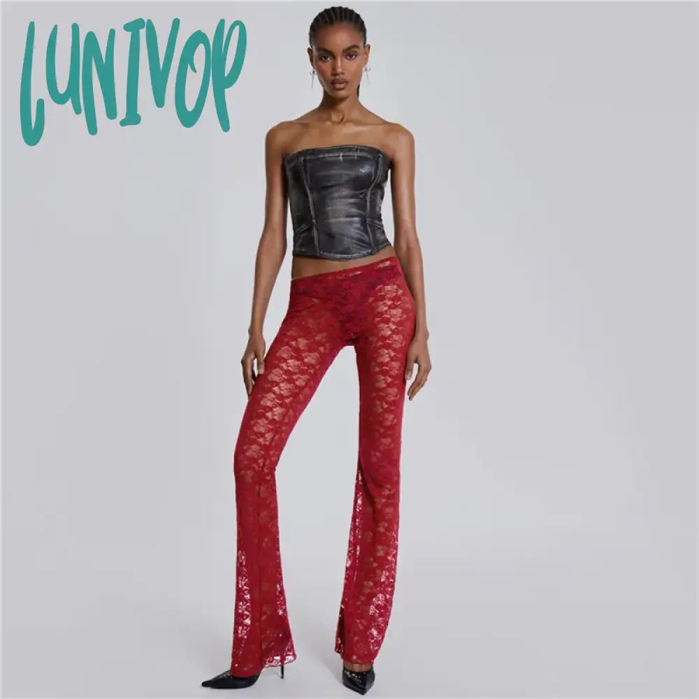 Lunivop See Through Lace Mesh Red 2 Piece Sets Hooded Backless Halter Top And Pants Y2K Sexy Night