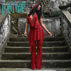 Lunivop See Through Lace Mesh Red 2 Piece Sets Hooded Backless Halter Top And Pants Y2K Sexy Night