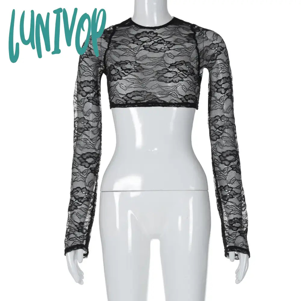 Lunivop See Through Lace Women’s T-Shirts Black Sexy Up Backless Crop Top Long Sleeve Summer Y2K