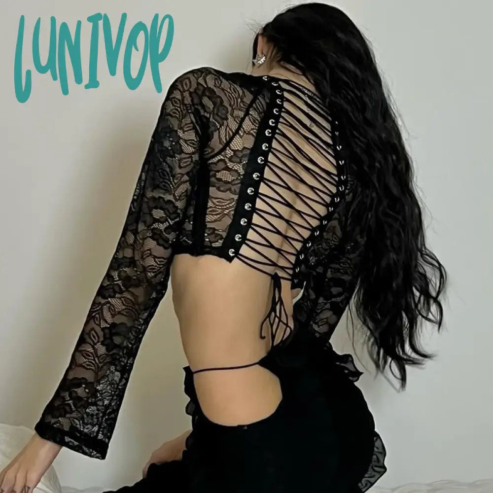 Lunivop See Through Lace Women’s T-Shirts Black Sexy Up Backless Crop Top Long Sleeve Summer Y2K