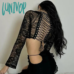 Lunivop See Through Lace Women’s T-Shirts Black Sexy Up Backless Crop Top Long Sleeve Summer Y2K