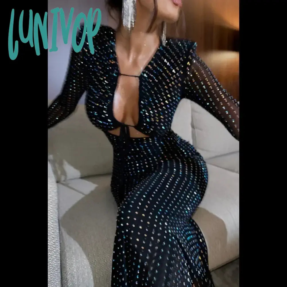 Lunivop Sequins Hollow Out Long Sleeve Bodycon Midi Dress Women Autumn Winter Sexy Glitter Party