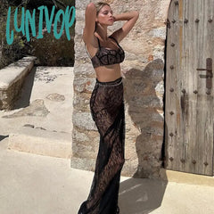 Lunivop Sexy 2 Piece Sets Crop Top And Maxi Skirt Elegant Party Evening Sheer Lace Dresses Vacation