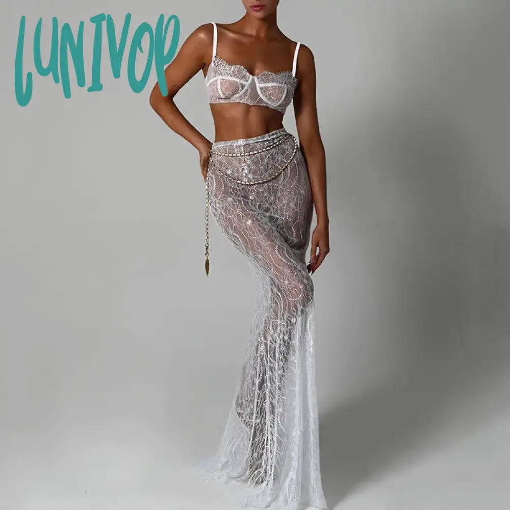 Lunivop Sexy 2 Piece Sets Crop Top And Maxi Skirt Elegant Party Evening Sheer Lace Dresses Vacation