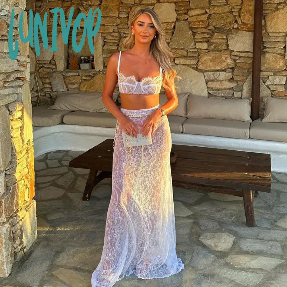 Lunivop Sexy 2 Piece Sets Crop Top And Maxi Skirt Elegant Party Evening Sheer Lace Dresses Vacation