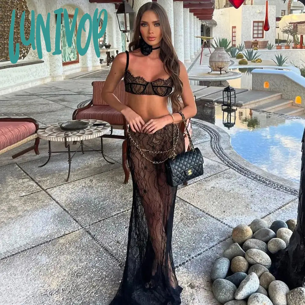 Lunivop Sexy 2 Piece Sets Crop Top And Maxi Skirt Elegant Party Evening Sheer Lace Dresses Vacation