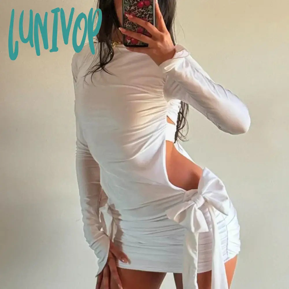 Lunivop Sexy Backless Bow Bodycon Dress For Women Hollow White Lace Up Mini Hot Girl Party Clothes