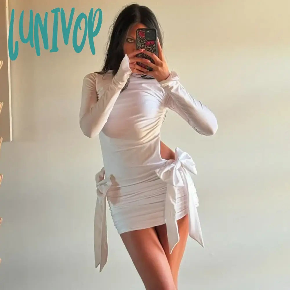 Lunivop Sexy Backless Bow Bodycon Dress For Women Hollow White Lace Up Mini Hot Girl Party Clothes