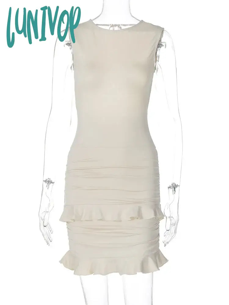 Lunivop Sexy Backless Lace Mini Dress Women’s Ruched Patchwork Sleeveless Elegant Hip Wrap Slim