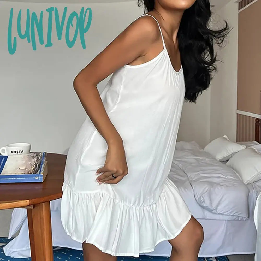 Lunivop Sexy Backless White Suspender Short Dress With Ruffles For Women’s Home Wear Nightgown