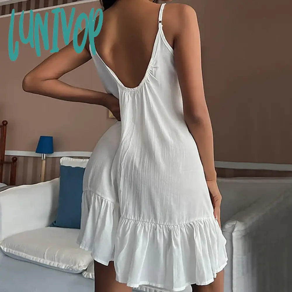 Lunivop Sexy Backless White Suspender Short Dress With Ruffles For Women’s Home Wear Nightgown