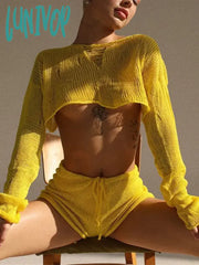 Lunivop Sexy Beach Crop Top Shorts Sets Women Knit Long Sleeve Lace Up Female Suit Summer Holiday