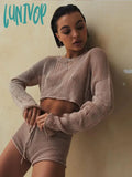 Lunivop Sexy Beach Crop Top Shorts Sets Women Knit Long Sleeve Lace Up Female Suit Summer Holiday