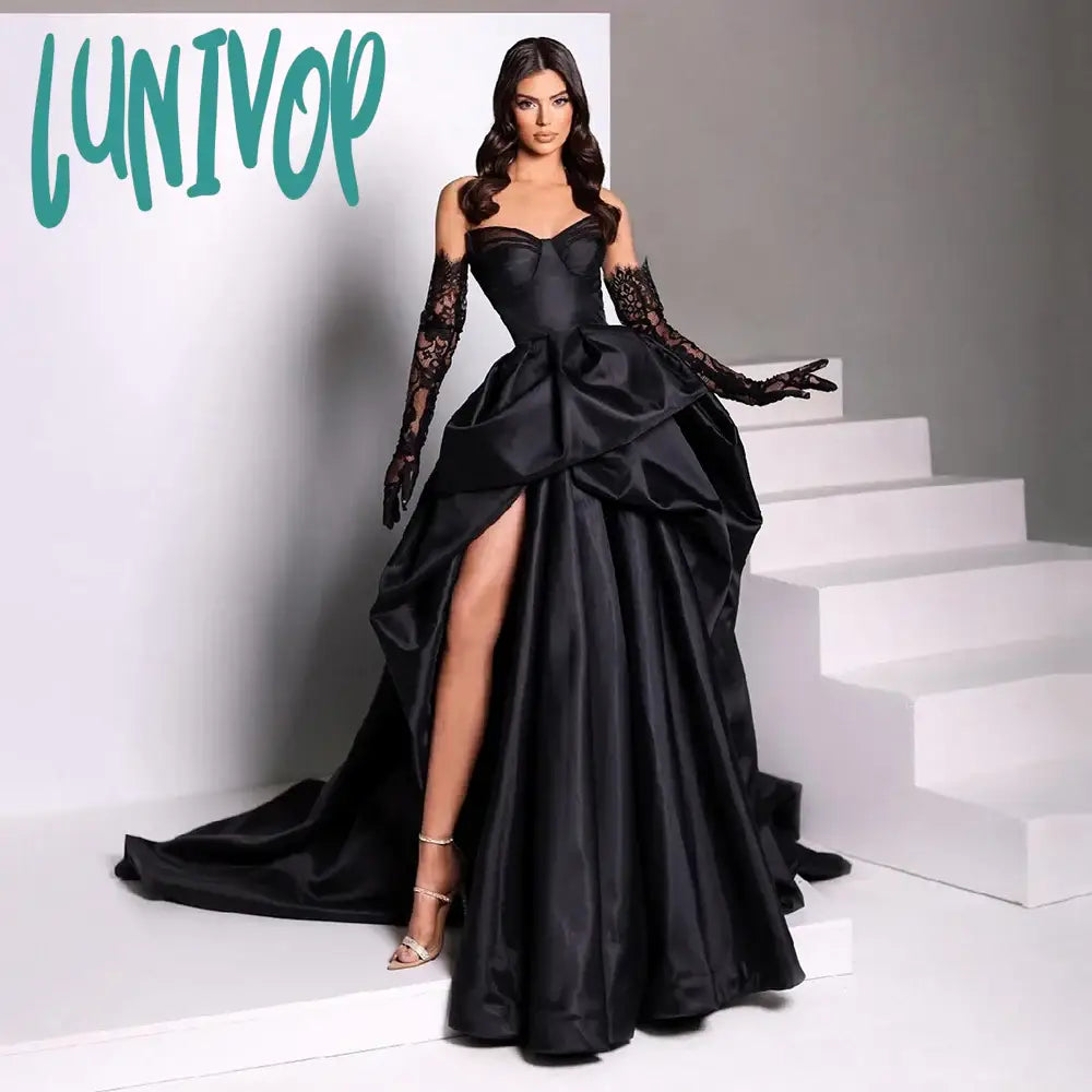 Lunivop Sexy Black Ladies Satin Off Shoulder Prom Dress Side Slit Puff Evening Princess Cocktail