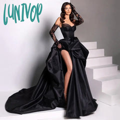 Lunivop Sexy Black Ladies Satin Off Shoulder Prom Dress Side Slit Puff Evening Princess Cocktail