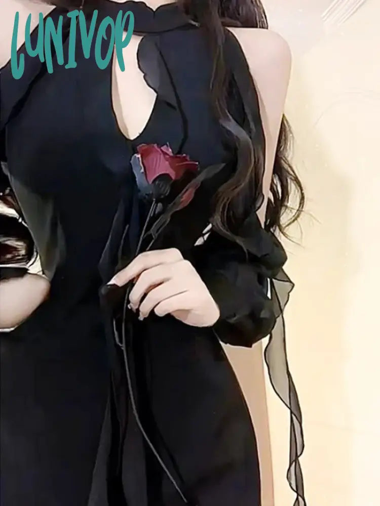 Lunivop Sexy Black Senior Sense Of Pure Desire Wind Hot Girl Hepburn-Style Hanging Neck Dresses