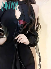 Lunivop Sexy Black Senior Sense Of Pure Desire Wind Hot Girl Hepburn-Style Hanging Neck Dresses