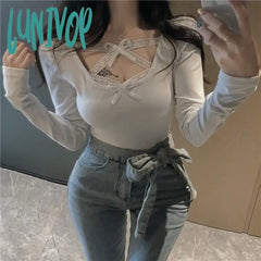 Lunivop Sexy Bow Ribbon Long Sleeve T Shirt Spring Summer Tops Slim Tee Bottoming Women’s O Neck