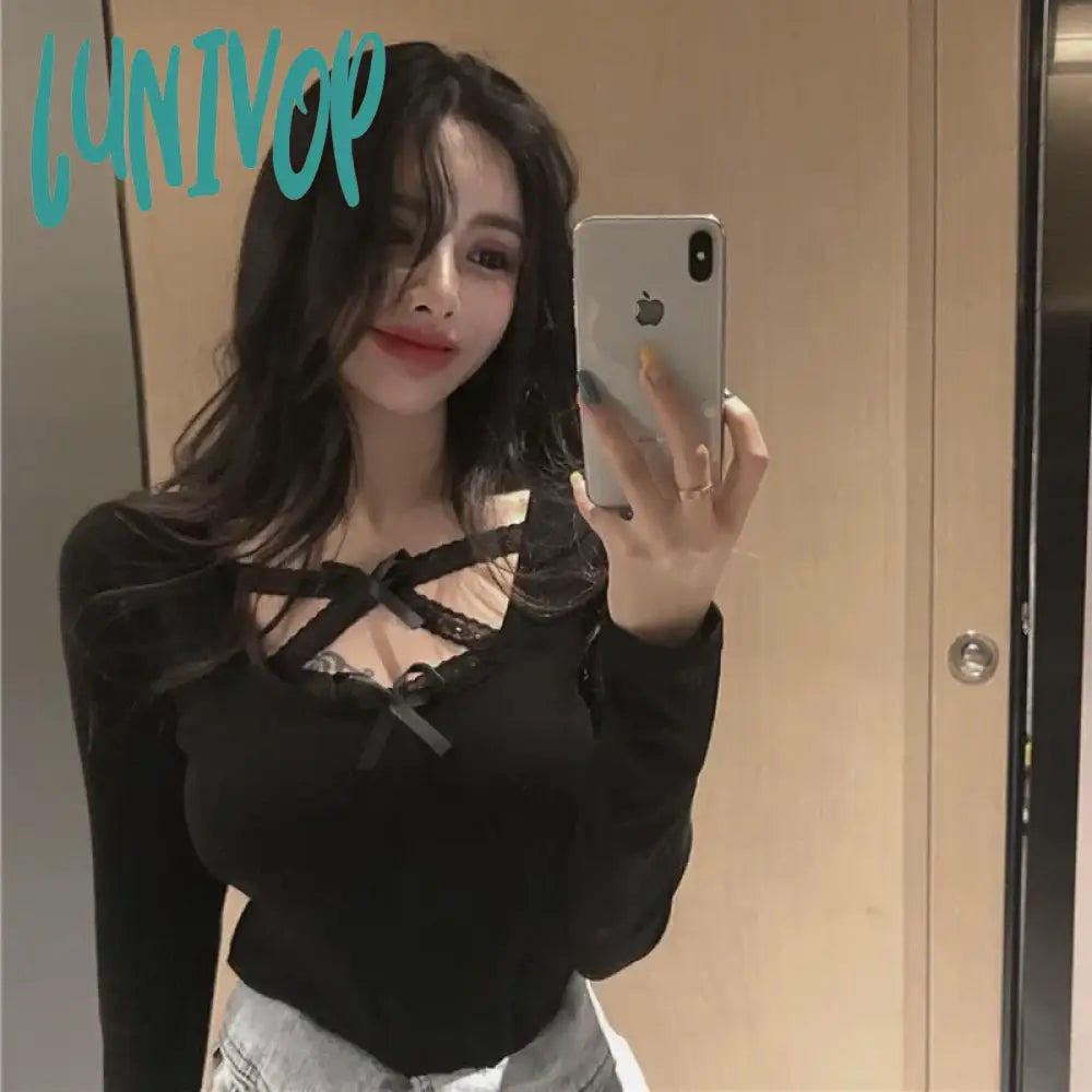 Lunivop Sexy Bow Ribbon Long Sleeve T Shirt Spring Summer Tops Slim Tee Bottoming Women’s O Neck