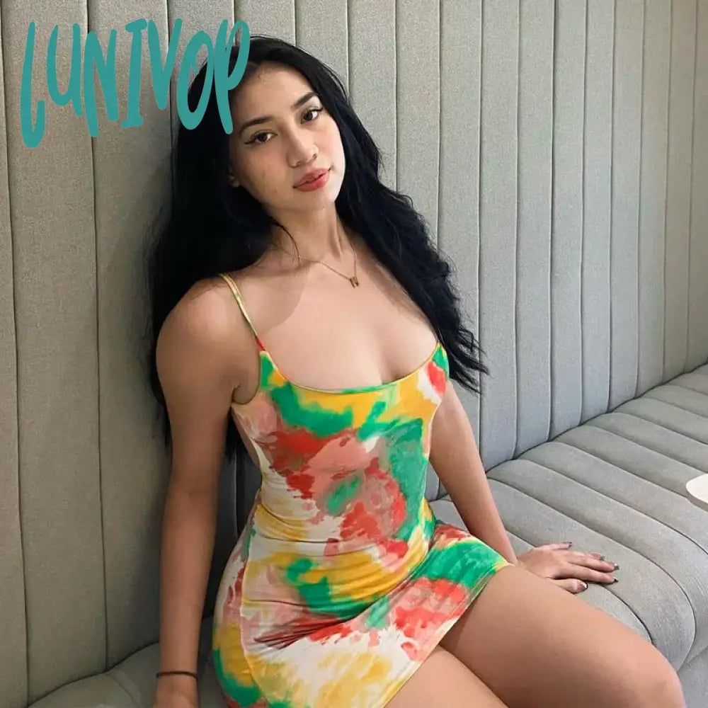 Lunivop Sexy Colourful Graffiti Mini Dress For Women Halter Backless Summer Beach Floral Tie Dye