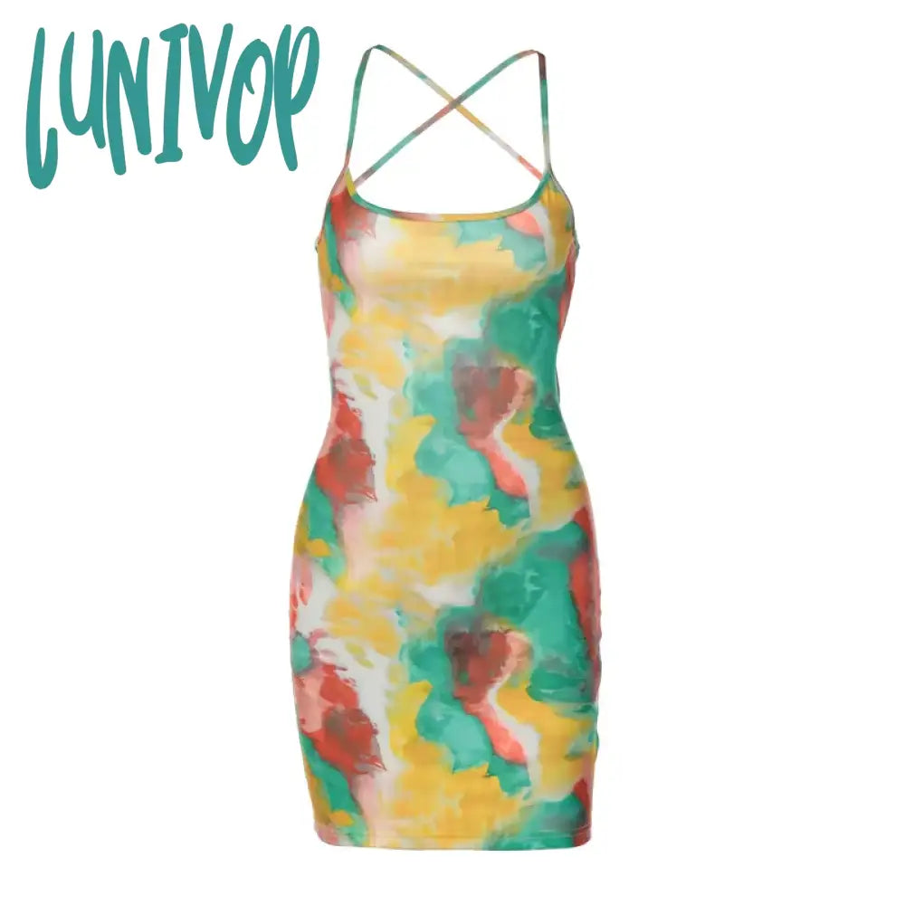 Lunivop Sexy Colourful Graffiti Mini Dress For Women Halter Backless Summer Beach Floral Tie Dye