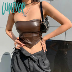 Lunivop Sexy Corset Lace Up Top Black Tank Women Strapless Tube Bodycon Camis Backless Sleeveless