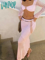 Lunivop Sexy Crochet Two Piece Set Women Beach Outfits Knit Hollow Out Crop Top Bodycon Long Skirt