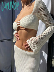 Lunivop Sexy Crochet Two Piece Set Women Beach Outfits Knit Hollow Out Crop Top Bodycon Long Skirt